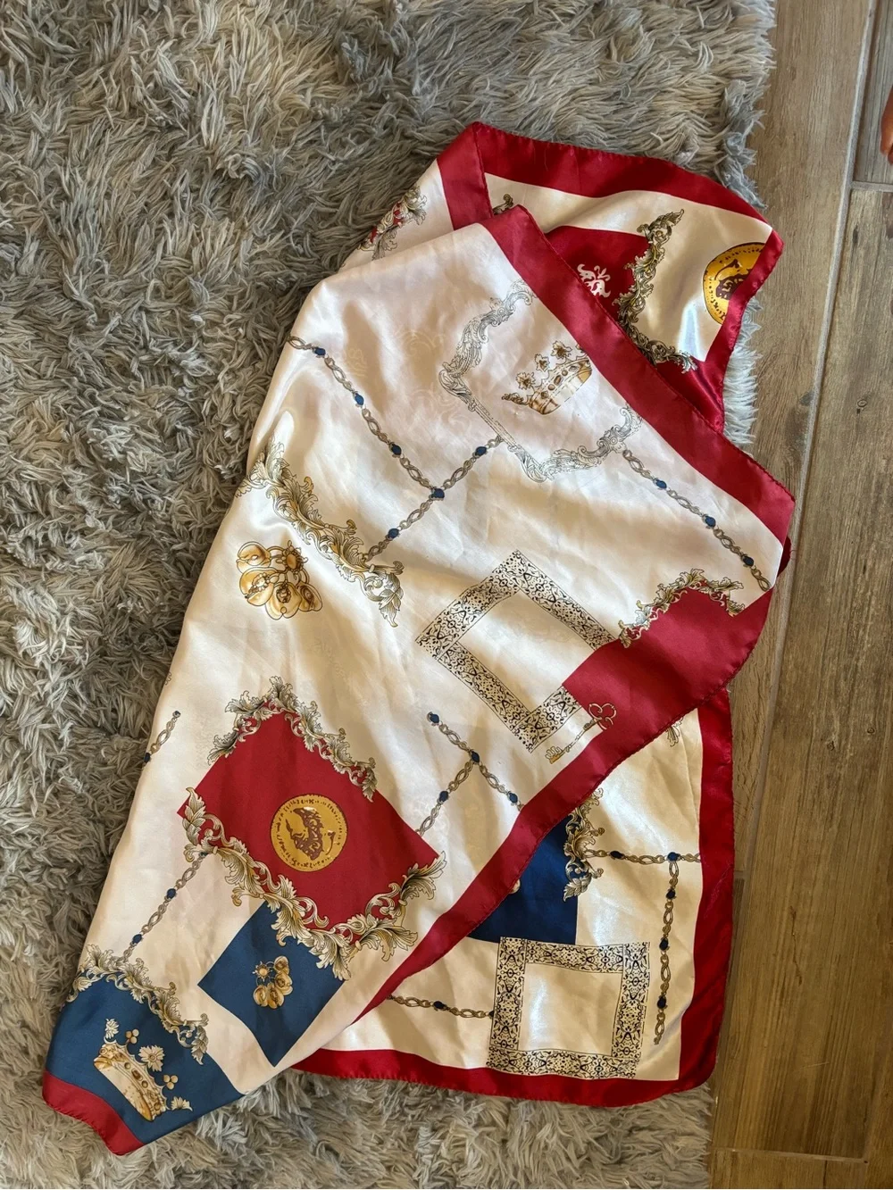 Red, Navy & Cream Decorative Silk Scarf